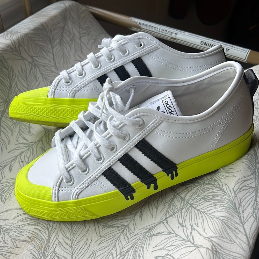 Adidas Men's White and Neon Green Sneakers